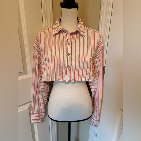 We The Free Orange and Cream cropped Striped button down Shirt - Picture 2 of 6